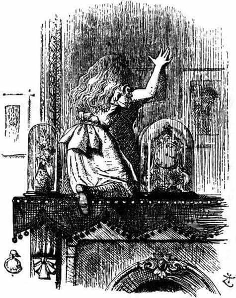 Alice kneeling on the chimney-piece in front of the mirror.