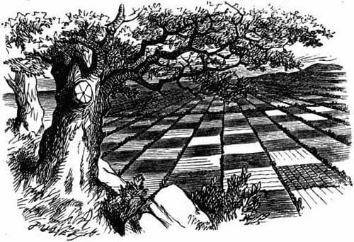 Behind a tree is a large chess-board.