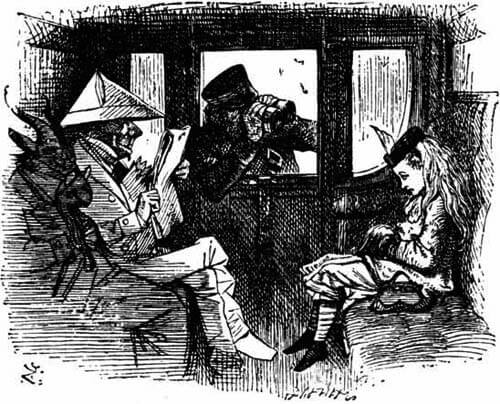 Alice in a railway-carriage together with a man dressed in white paper and a goat, at the window the Guard with an opera-glass.