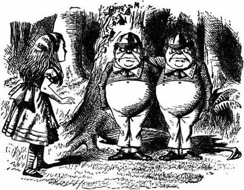 Alice in front of Tweedledum and Tweedledee, standing next to each other, with caps on their heads.