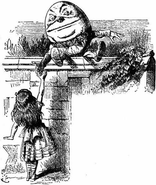 An egg-shaped Humpty Dumpty is sitting on a narrow wall and stretching down to shake hands with Alice.