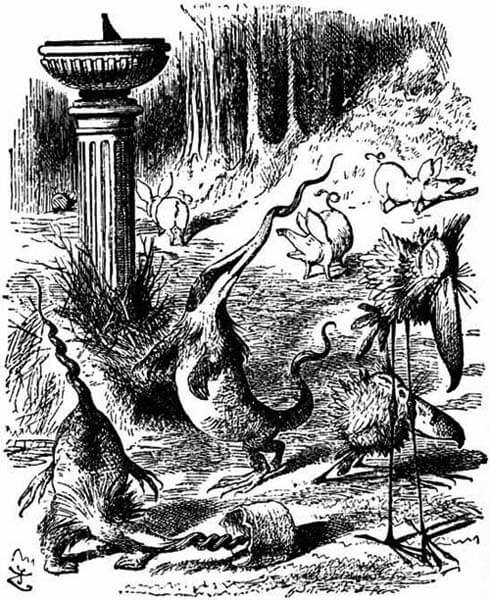 A sun-dial and several creatures: some like pigs, some like badgers with spiral snout and tail, some like birds with long legs.