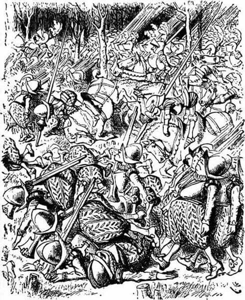 A large crowd of men and horses, most of them tumbling down.