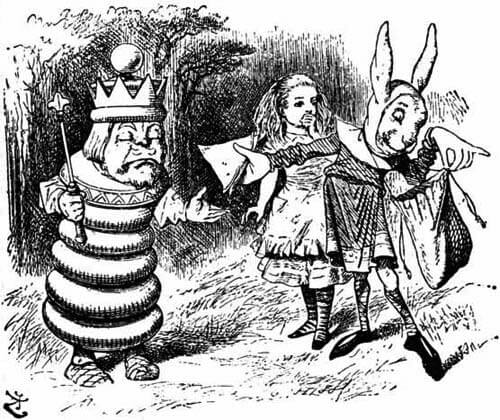 The Messenger with rabbits ears is handing a sandwich from his bag to the White King, Alice is standing in the background.