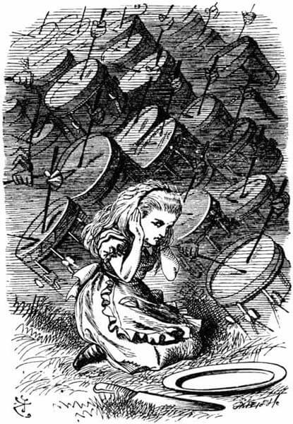 Alice is kneeling in front of an empty dish and covering her ears with her hands, in the background there are many drums.