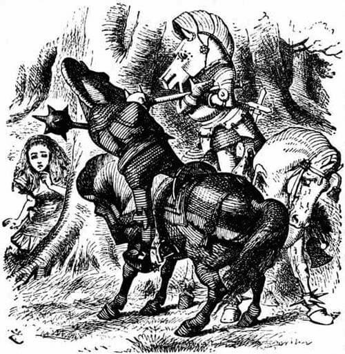 The two Knights on their horses are fighting, Alice stands in the background.