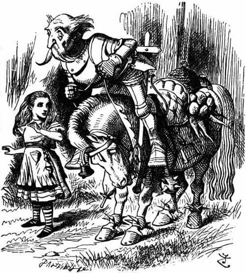 The White Knight is falling off his horse, Alice is standing next to them.