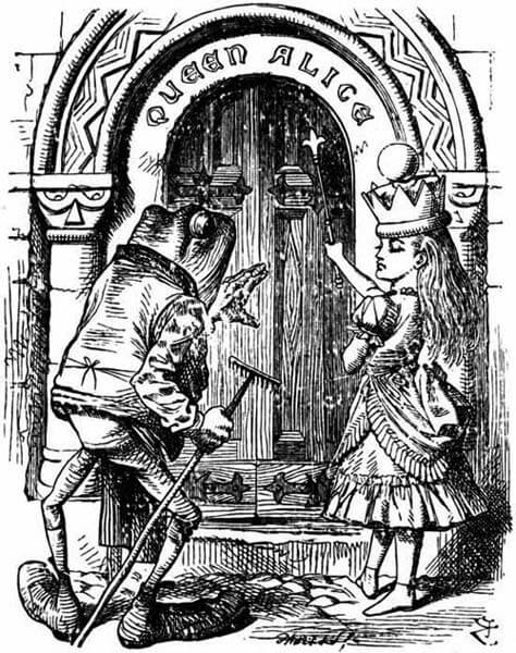 Alice and the Frog at a door which has QUEEN ALICE written above it.