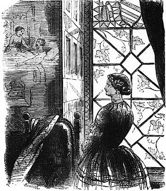 A woman is standing in room with a large window and has a vision of nursing the a man lying in bed.