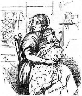 A woman with a baby in her arms is sitting on a chair and looks anxious.