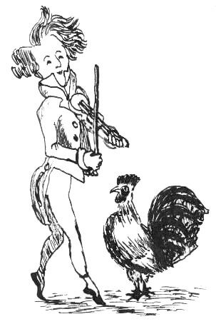 A bantam and a man with a fiddle.