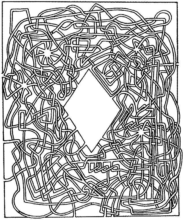 A maze. From the diamond-shaped centre several paths leave in all directions. They fork in many junctions, go above and below other paths to the outside. Some paths are blocked. Only one way reaches the outside.