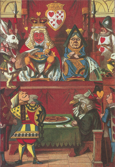 The King (with wig and crown) the Queen of Hearts are sitting on a platform, below them the jurors at a table with some tarts, next to them the Knave of Hearts standing in chains.