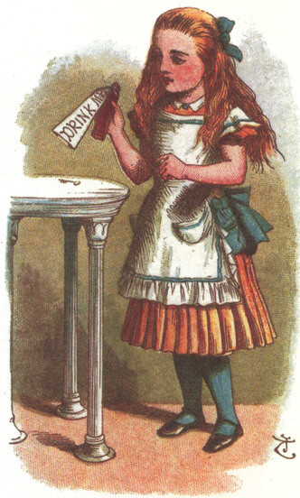 Alice holds a bottle labelled “DRINK ME”.