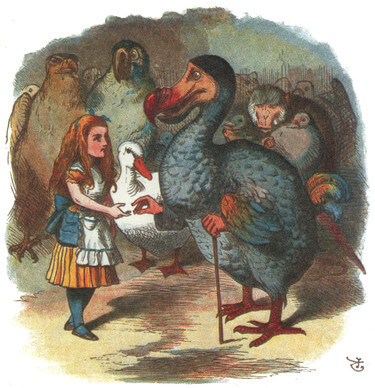 The Dodo gives a thimble to Alice, in the background a large crowd of animals.