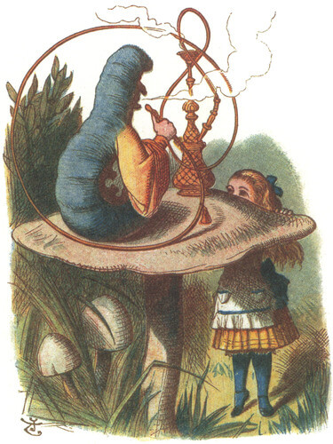 The Caterpillar is sitting on a mushroom smoking a hookah. Alice is just as large as the mushroom.