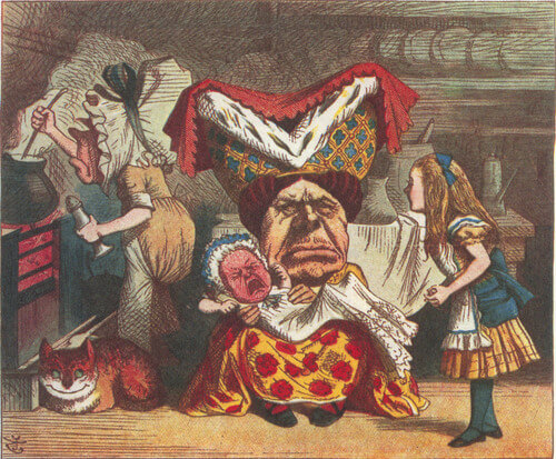 Alice stands in a large kitchen with a cook holding a pepper mill, a grinning cat, and the ugly Duchess with a baby on her lap.