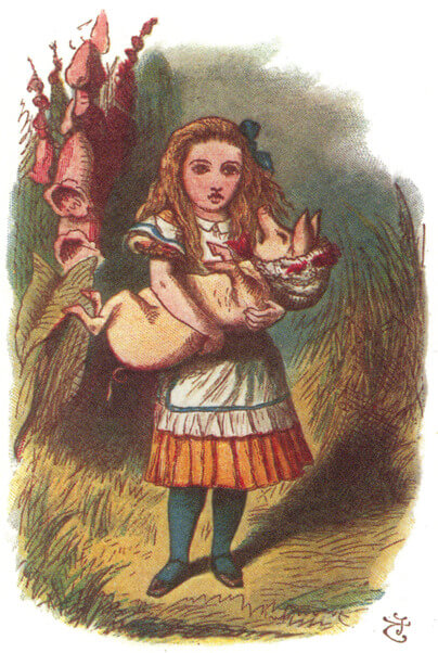 Alice holding a pig.