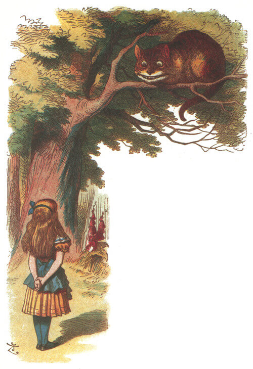 The Cheshire-Cat sits in a tree in front of Alice.