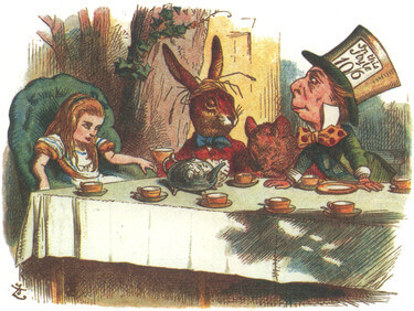 Alice sits in an arm chair at the end of a large table, next to her the March Hare with straw around its ears, the Dormouse, and the Hatter wearing a hat labelled “In this style 10/6”.