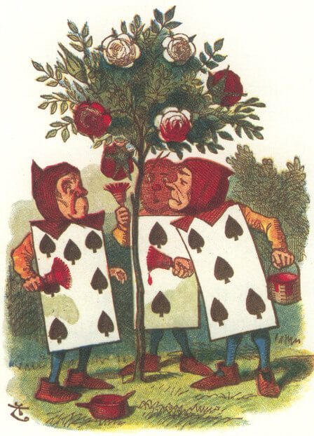 Three live Spade cards with brushes stand around a partly painted rosebush.