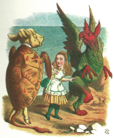 The Gryphon and the Mock Turtle are dancing around Alice.