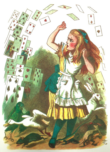 Alice is standing, fending off flying cards, at her feet animals are running.