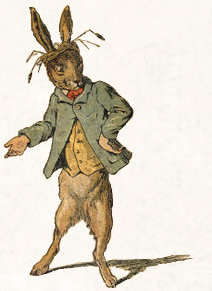 The March Hare is standing erect and has straw around his ears.