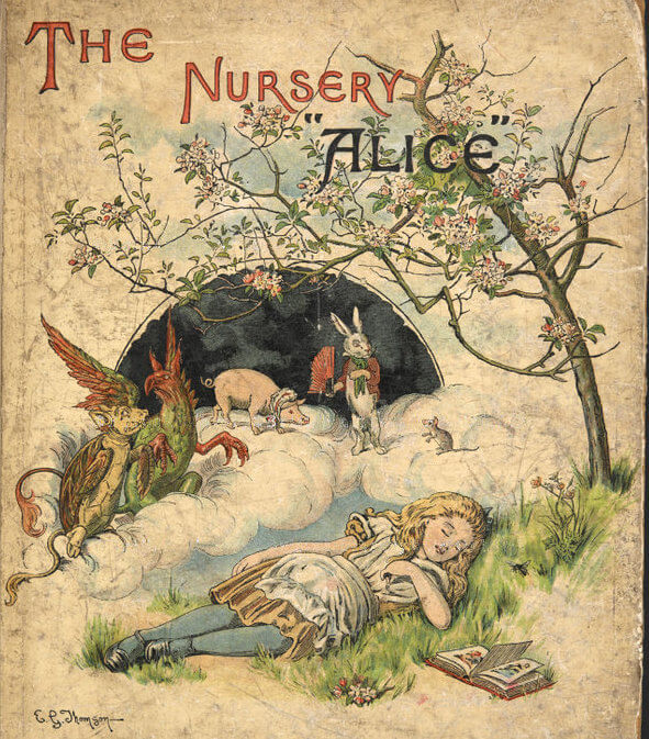 Alice is lying asleep in the grass next to a book. Above her on a cloud are the Mock Turtle, the Gryphon, the Pig, the White Rabbit, and the Mouse.