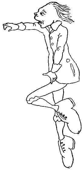 A drawing of a man with very large feet