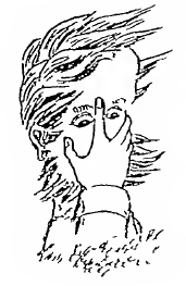 Drawing of a face. Mouth and nose are covered with a hand, the eyes are left and right to the index finger. The hair is blowing to the right side of the image.