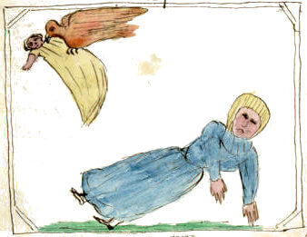 A woman is lying on a ground, while a bird carries away her son.