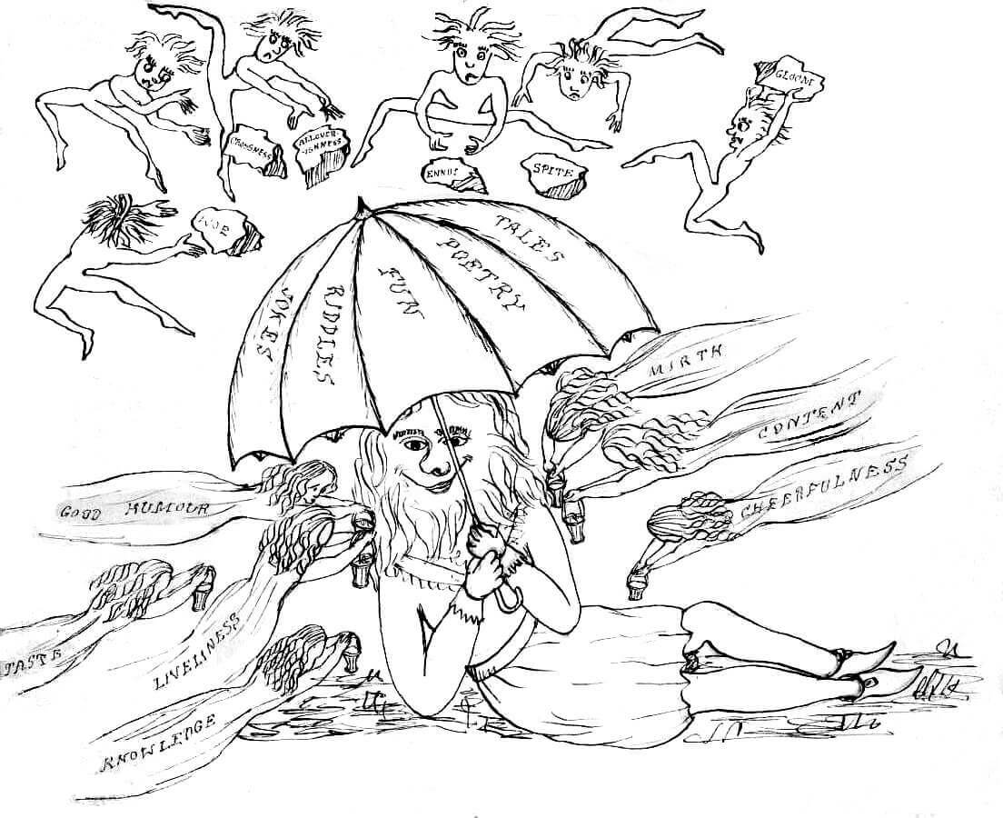 A bearded man is sitting on the ground. From above creatures are throwing stones labelled “Woe” and similar. From these the man protects himself with an umbrella with labels like “Tales”. Below him are approaching female creatures with buckets, they have names like “Good Humour”.