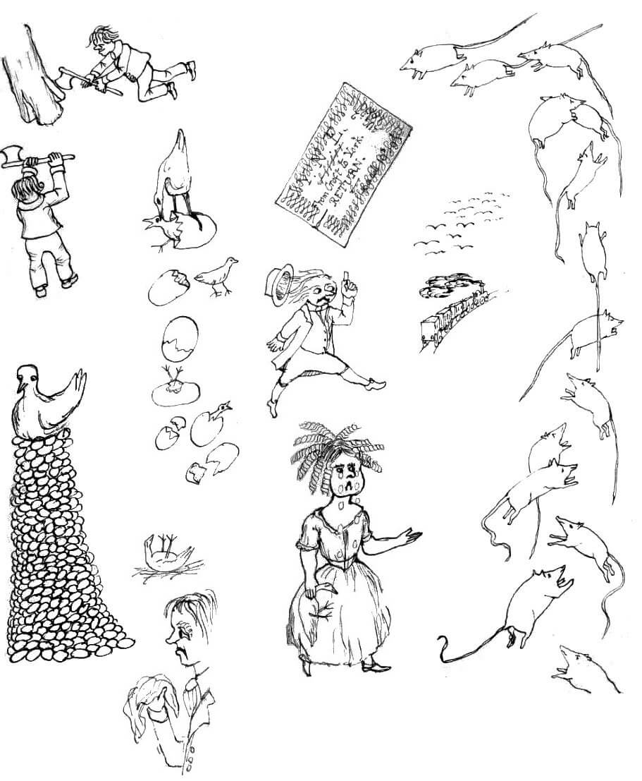 Two youths working with their axes on a tree. A hen on a huge stack of eggs. A horde of mice. Hatching chicken. A dead chicken and a crying boy. A “Return” ticket from Croft to York. A man running with flying hat. A departing train. A crying girl.