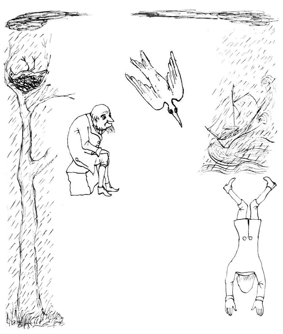 The drawings show a bird in a nest on the top of the tree in rain, a man sitting on a bench, a flying bird, a sailing ship in a storm, and a man jumping downwards.