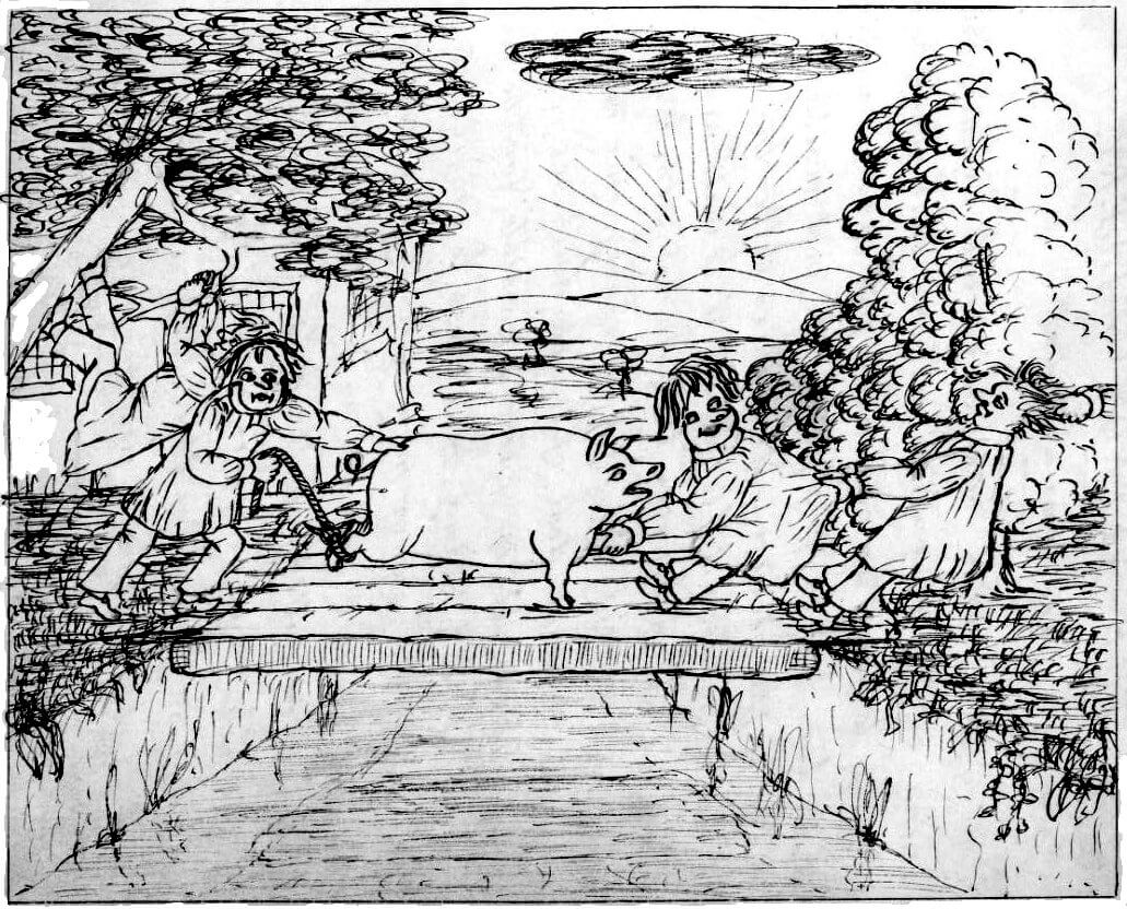 Four boys and a pig on a bridge