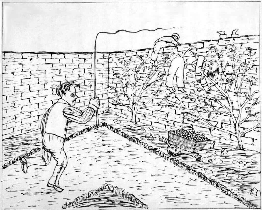 Four boys are chased by a man and are trying to escape over a garden wall.