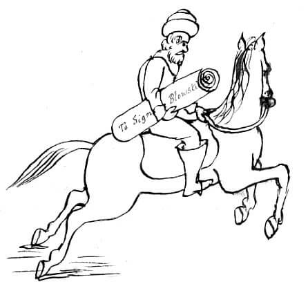 A man on a horse with a scroll addressed to Signor Blowski.