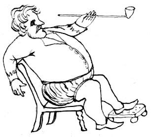 A fat man with a pipe is sitting on a chair.