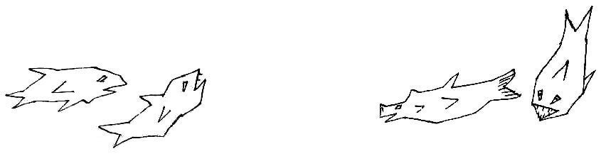 Four fishs, the bodies are composed of straight lines with angles.