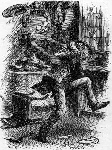 A ghost attacks a man with plates.