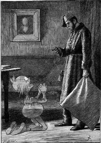 The ghost is kneeling in front of a man.