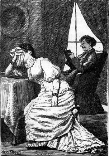 A crying woman leans on a table, her face covered with a handkerchief, in the background a man is reading.