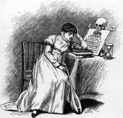 A crying woman, on the table next to her a skull and an hourglass.