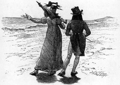 The man and the woman are walking next to each other (seen from behind), he wears the destroyed hat.