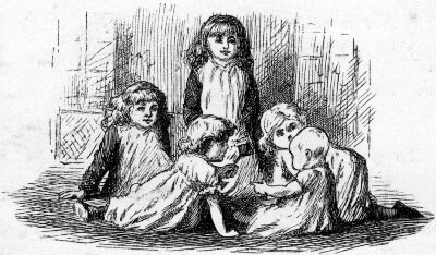 Five small girls sitting on the ground, the youngest a baby, the oldest little child.