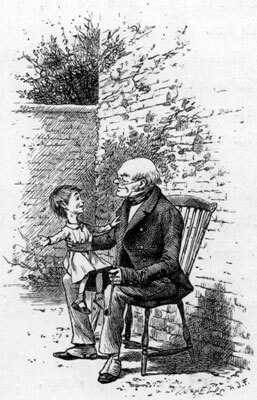 An old man is sitting on a chair, on his knees a young child.