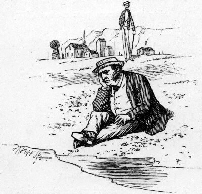 A very fat man is sitting on the beach near the water, from behind a very thin man is approaching.