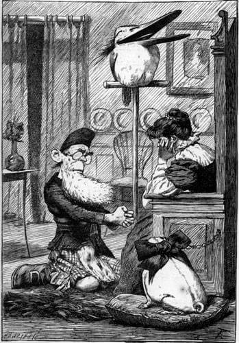 A bearded man is kneeling in front of a woman, next to her are the bird and a dog.