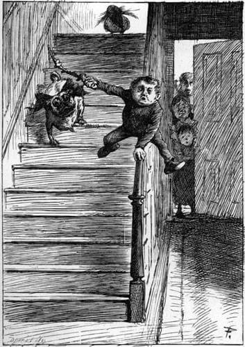 A boy is sliding down the handrail of a staircase on which the dog is coming down, in the background several people look through a partly opened door.